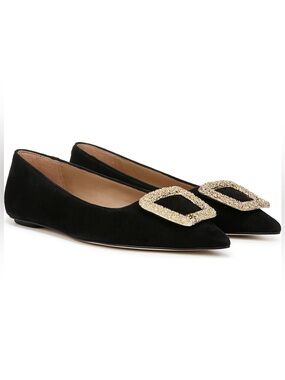 NWT Sam Edelman Women’s Nico Black Suede Pointed Toe Flats Gold Buckle Size 5.5